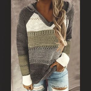 Grey White Stripes Crochet Hoodie Top Small